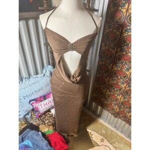 Brown Rhinestone Halter Maxi Dress Party Cocktail Evening Bodycon